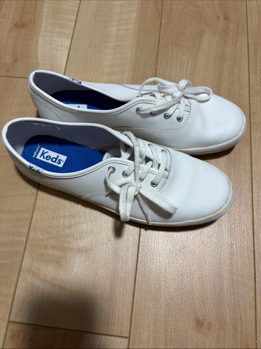 Keds White Leather Lace-Up Sneakers with Blue Insole